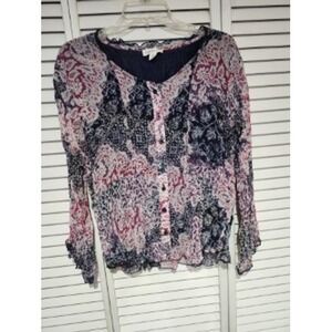 Coldwater Creek Burgundy Blue Paisley Button Up Long Sleeve Blouse  PL 14-16